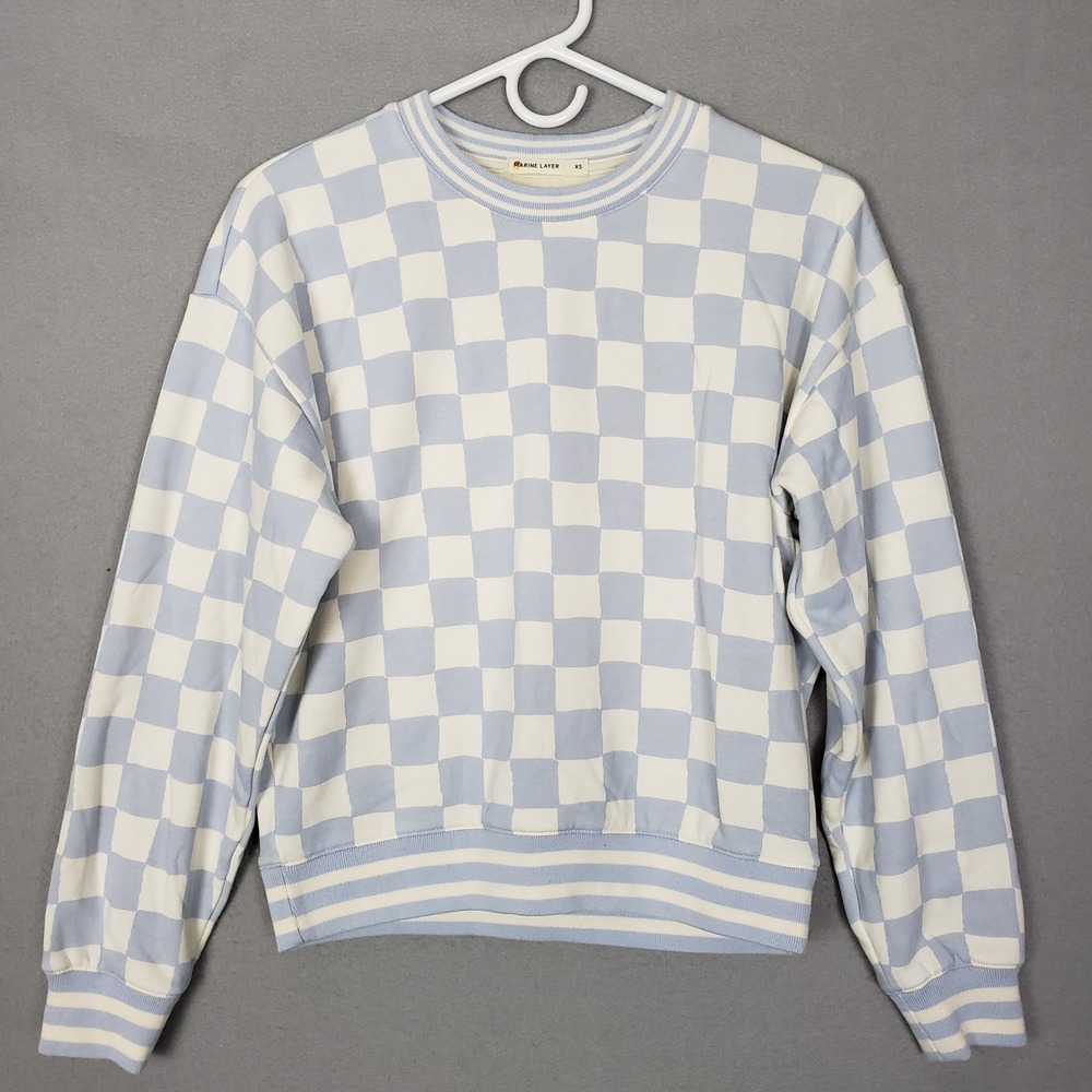 Marine Layer XS Checkered Crewneck Sweater Pastel Blue Preppy Retro Dopamine